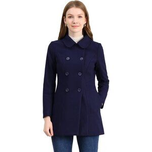 Women's Navy Blue  Peter Pan Collar Double Breasted Winter Long Trench Pea Coat